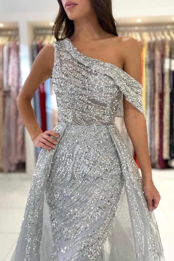 Silver Grey One Shoulder Sequined Floor Length Prom Party Dress
