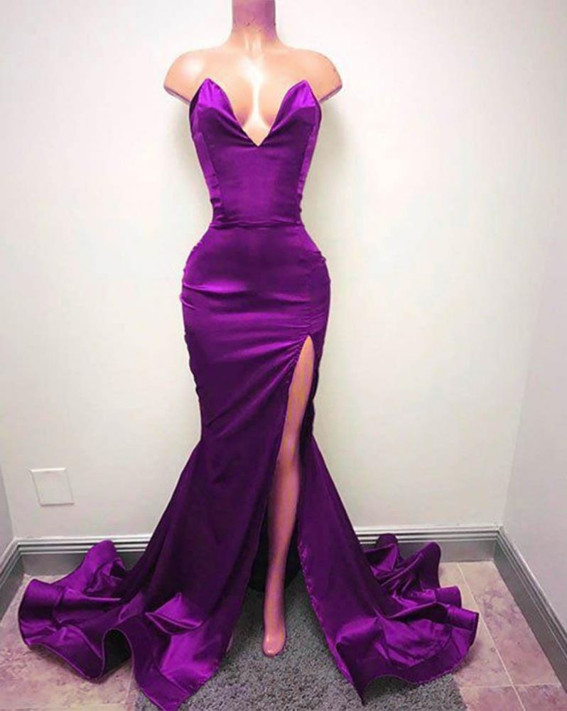 Sleeveless Sweetheart Front-Split Sexy Sweep-Train Prom Dress SP0319