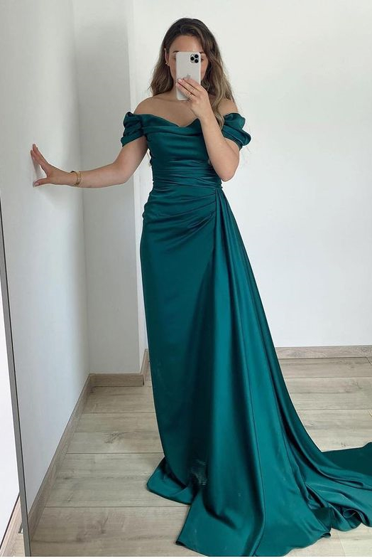 Off the shoulder Burgundy Court Train Prom Dresses