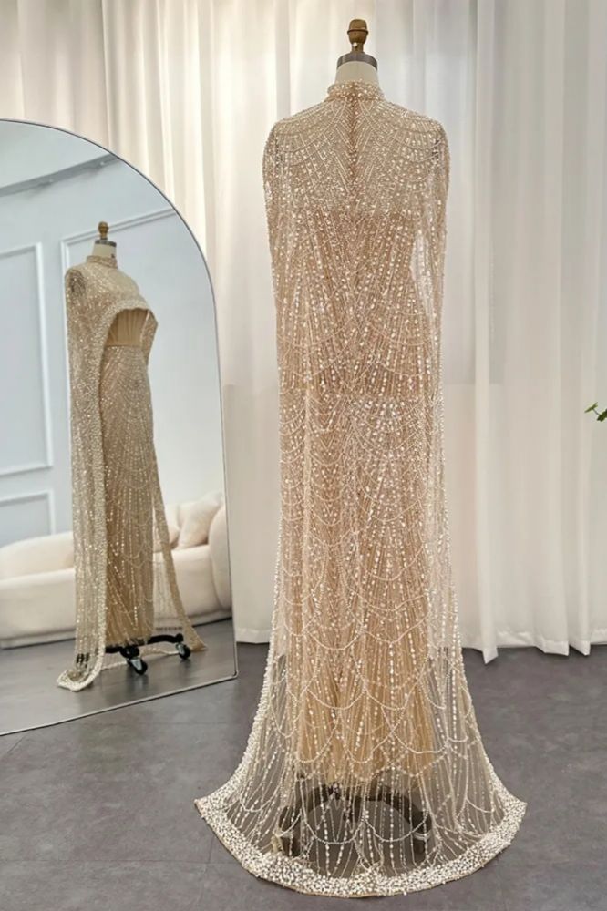 Luxury Pearls Dubai Mermaid Evening Dress with Cape Sleeves Seequined Floor Length Party Dress