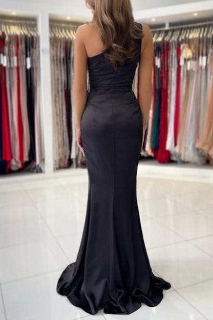 One shoulder black high split prom dress