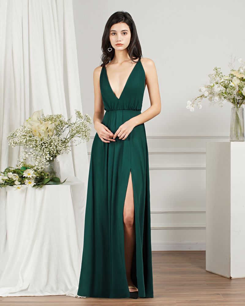 Sexy Plunging V-neck Criss-cross Back High split Spandex Prom Dresses