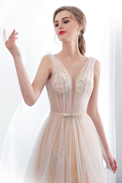 NANETTE | A-line Sleeveless Long Tulle Appliques Champangne Evening Dresses with Sash