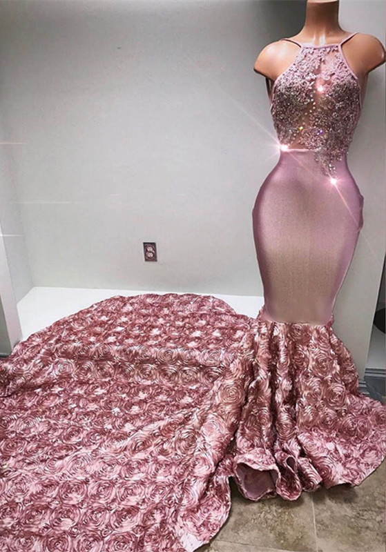 Glamorous Halter Mermaid Pink Prom Dress Lace With 3D-Floral Flowers Bottom BA7797