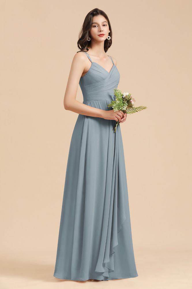 Elegant Ruched Chiffon Bridesmaid Dress Dusty Blue V-Neck Wedding Guest Dress
