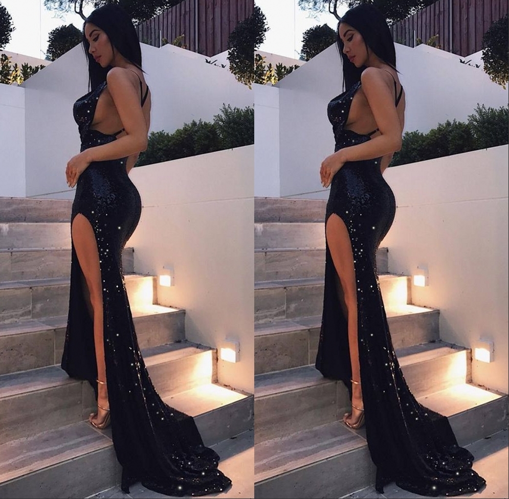 Sexy Black Sequins Backless Party Gown Long Split Prom Dress BA6986 BK0