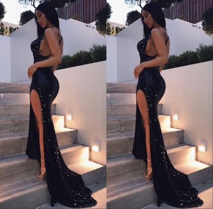 Sexy Black Sequins Backless Party Gown Long Split Prom Dress BA6986 BK0