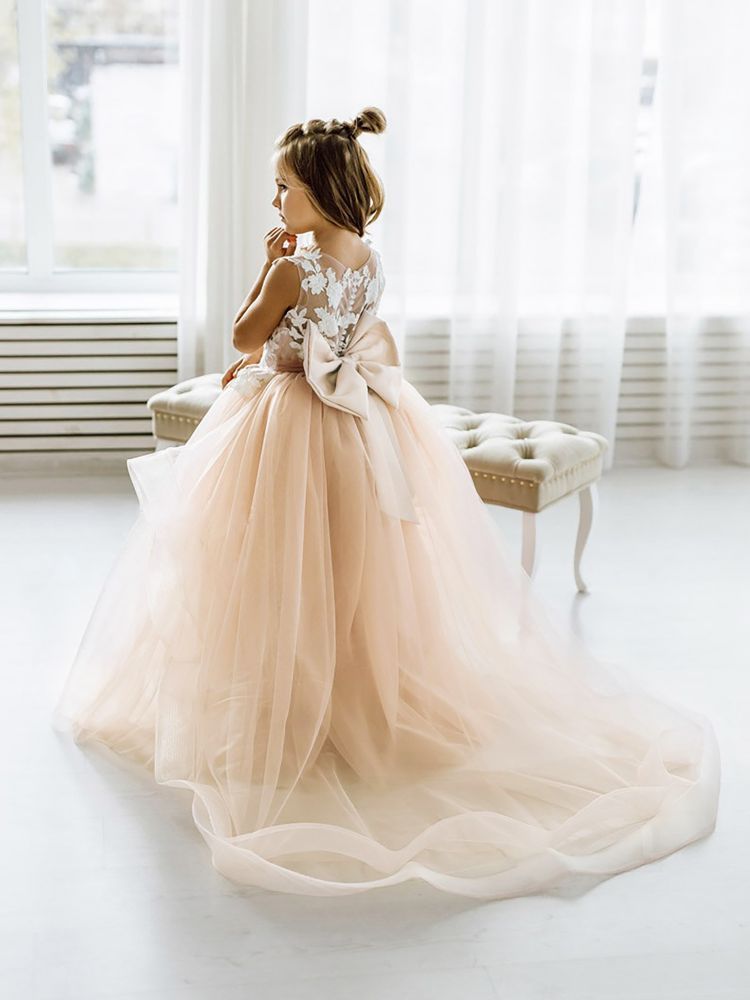 Dusty Pink Flower Girl Dress Tulle Sleeveless Lace First communion dress for girl Birthday Party Dress Bowtie with Train-Babyonlinewholesale