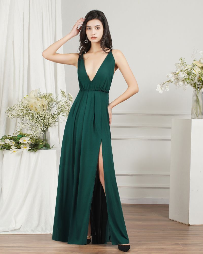 Sexy Plunging V-neck Criss-cross Back High split Spandex Prom Dresses