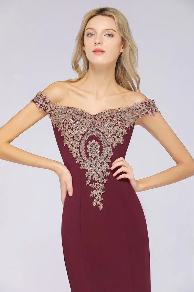 Simple Off-the-shoulder Burgundy Formal Dress with Lace Appliques