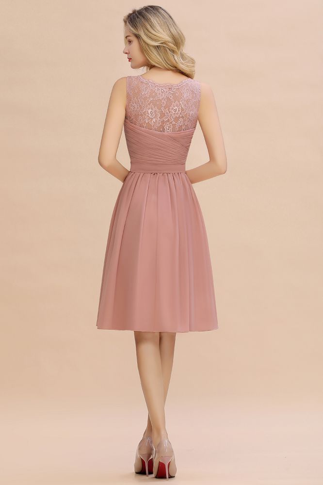 Lace V-neck Long Short Homecoming Dresses with Belt | Sexy Sleeveless V-back Pink Knee length Cocktail Dress-Babyonlinewholesale