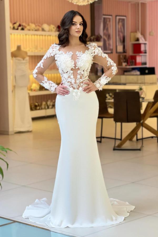 Long sleeves Lace Appliques White Satin Mermaid Wedding Dresses