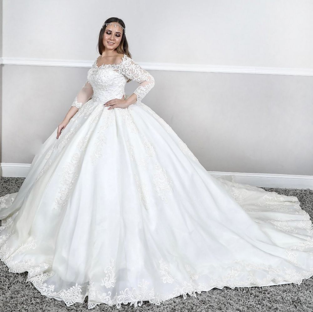 Long sleeves Lace Square neck puffy Ball gown Court train White Wedding Dresses