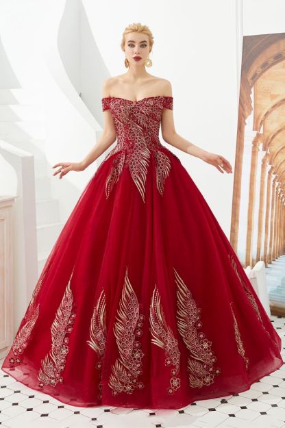 Henry | Elegant Off-the-shoulder Princess Red/Mint Prom Dress with Wing Emboirdery