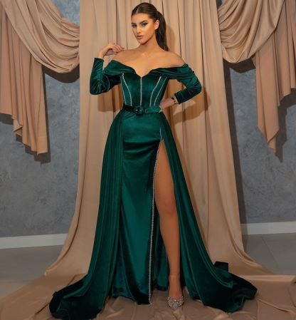 Long sleeves Mermaid Off the shoulder High Split Green Prom Dresses
