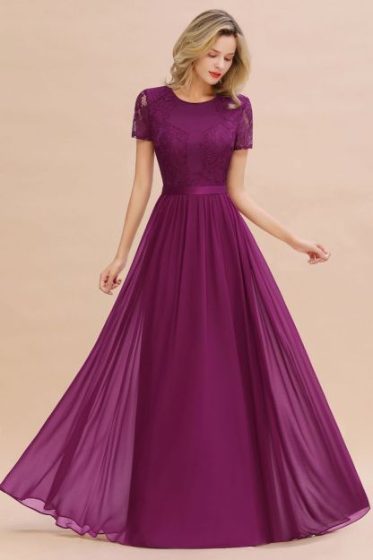 Retro Chiffon Lace Scoop Short-Sleeves Online Bridesmaid Dress