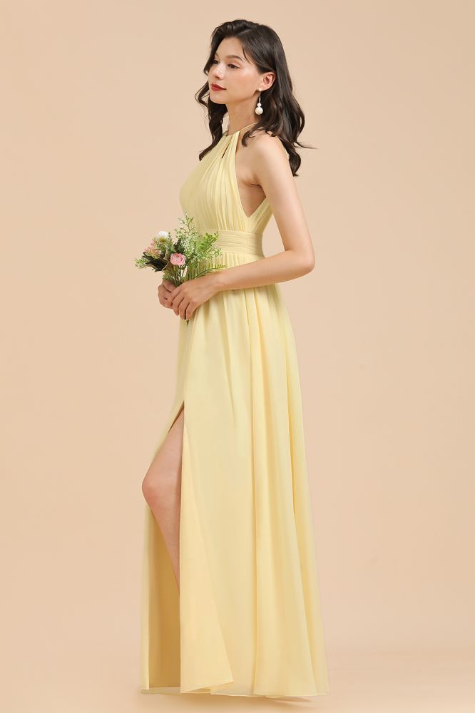 Halter Pleated Chiffon Daffodil Bridesmaid Dress Side Slit Long Wedding Party Dress
