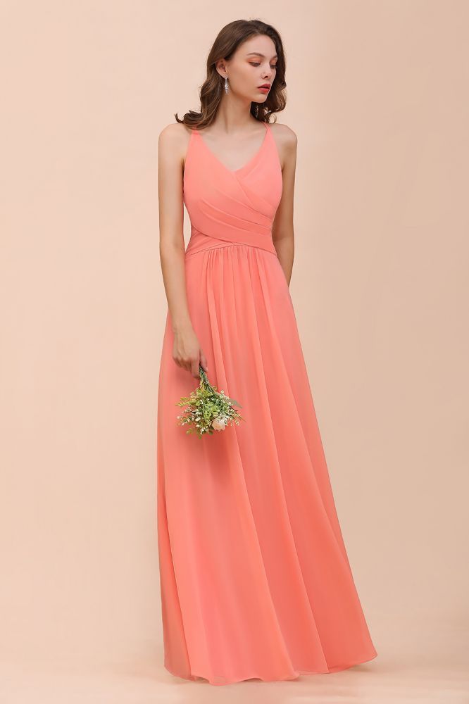 Elegant V-Neck Coral Ruffle Chiffon Bridesmaid Dress