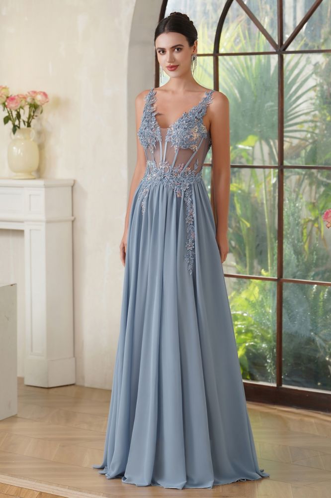 A-line Navy Blue Evening Dress Sleeveless Chiffon Lace Prom Dress with Appliques
