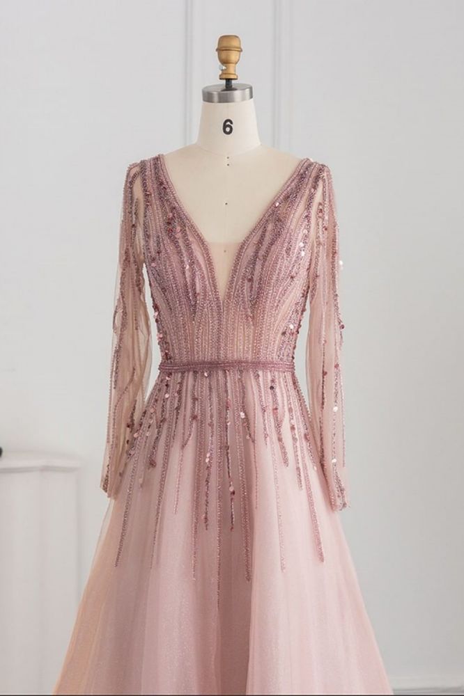 Elegant Sequins Beading A-line Eveing Party Dress V-neck Long Sleeves Tulle Party Gown