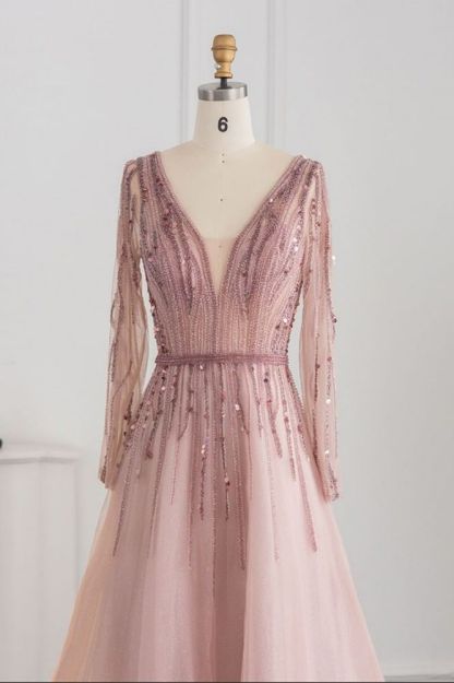 Elegant Sequins Beading A-line Eveing Party Dress V-neck Long Sleeves Tulle Party Gown