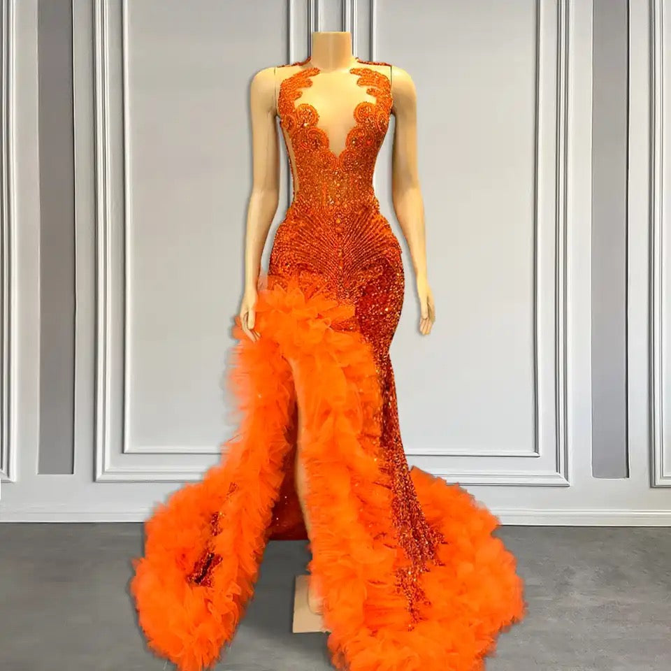 orange ruffle prom dress Orange Sweetheart Pleated A-Line Prom Dress With Bow Orange / 8