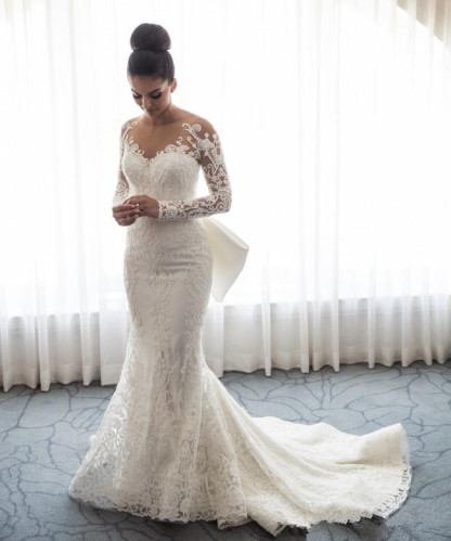 Gorgeous Mermaid Lace Wedding Dress with Sleeves | Bowknot Detachable Overskirt Bride Dress