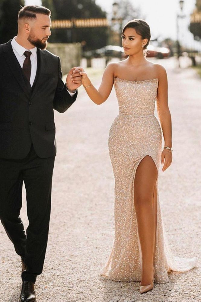 Shimmers Champagne Sequins Strapless Sleeveless Floor-length Prom Dresses with Slit