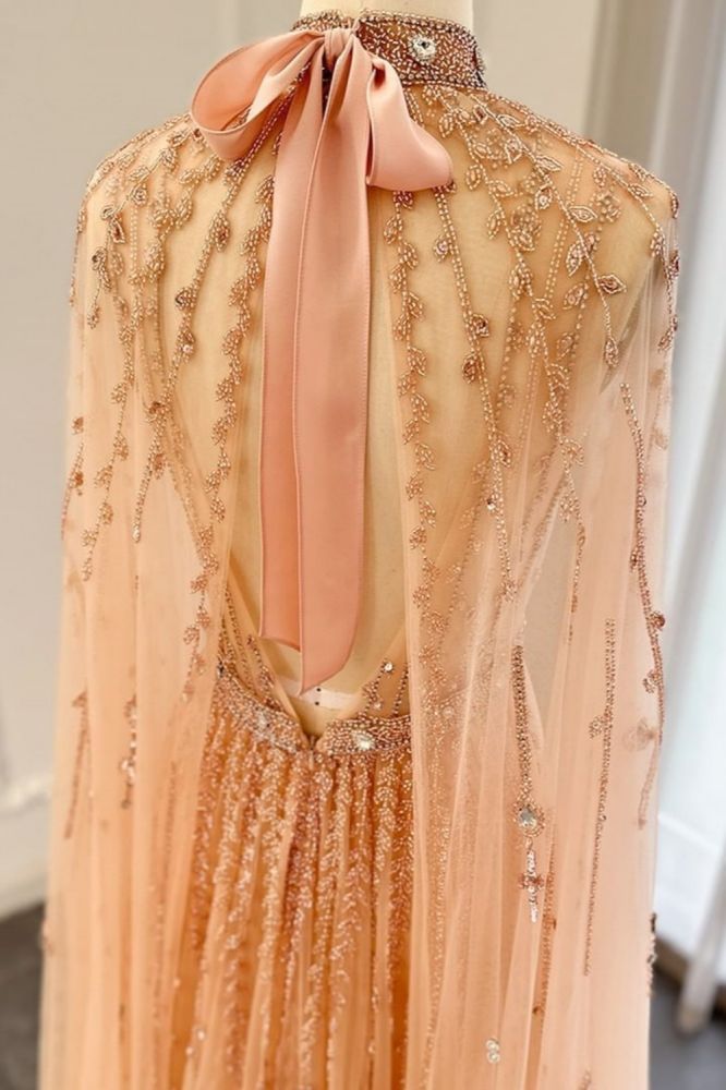 Halter Tulle Beadings Floor-Length Evening Dress with Cap Sleeves Tulle Party Dress