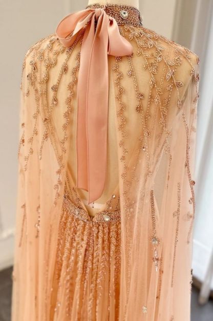 Halter Tulle Beadings Floor-Length Evening Dress with Cap Sleeves Tulle Party Dress