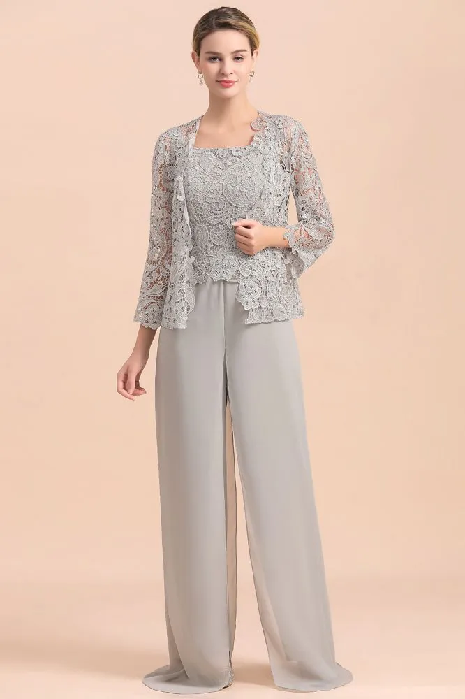 Silver Chiffon Motherr of the Bride Dress Lace Appliques JumpSuit with Long Sleeves