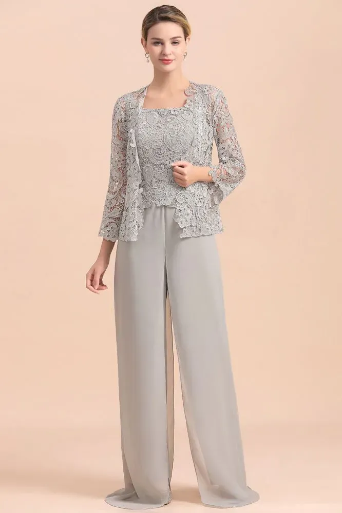 Silver Chiffon Motherr of the Bride Dress Lace Appliques JumpSuit with Long Sleeves