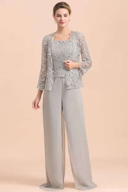 Silver Chiffon Motherr of the Bride Dress Lace Appliques JumpSuit with Long Sleeves