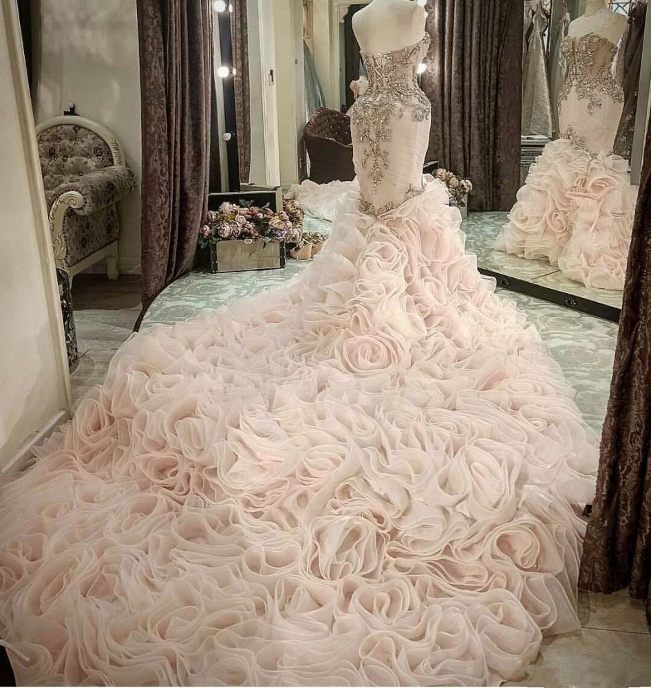 Plus Size Mermaid Crystal Lace Beads Sweetheart Long Train African Custom Made Ruffles Wedding Dresses-Babyonlinewholesale