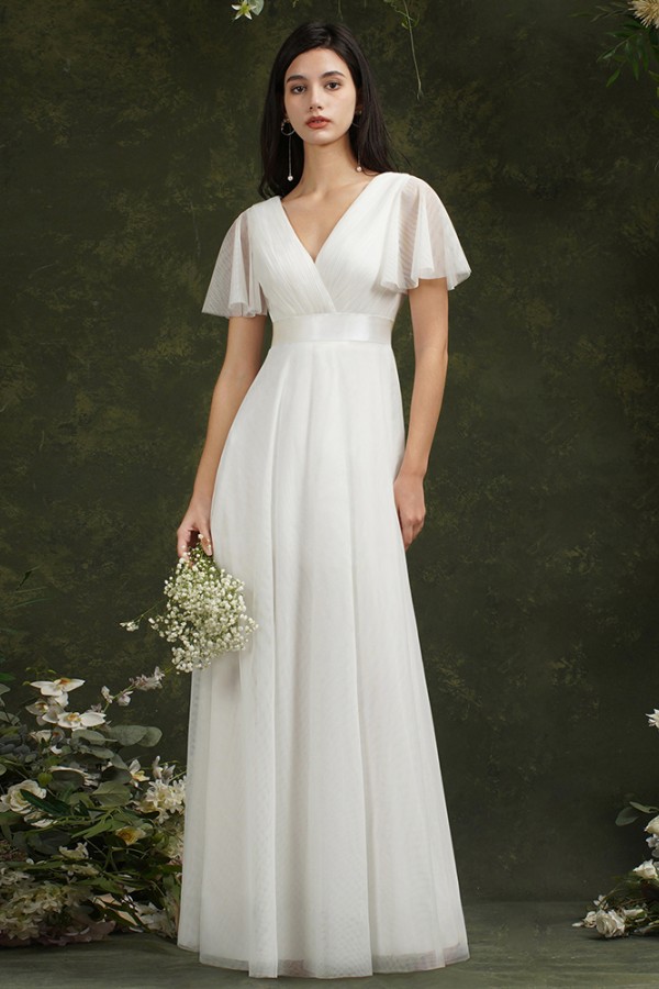 Short sleeves white chiffon bridesmaid dress