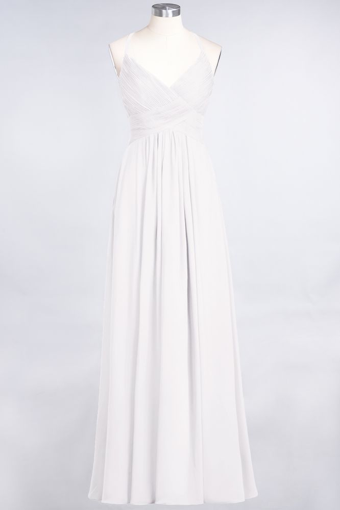 Chiffon A-Line Spaghetti-Straps V-Neck Sleeveless Long Bridesmaid Dress with Ruffles