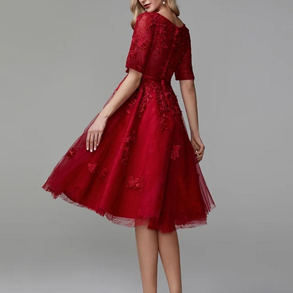 Burgundy Half Sleeves Burgundy Tulle Lace Formal Dress Short Daily Wear Dress