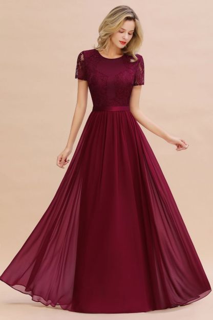 Retro Chiffon Lace Scoop Short-Sleeves Online Bridesmaid Dress