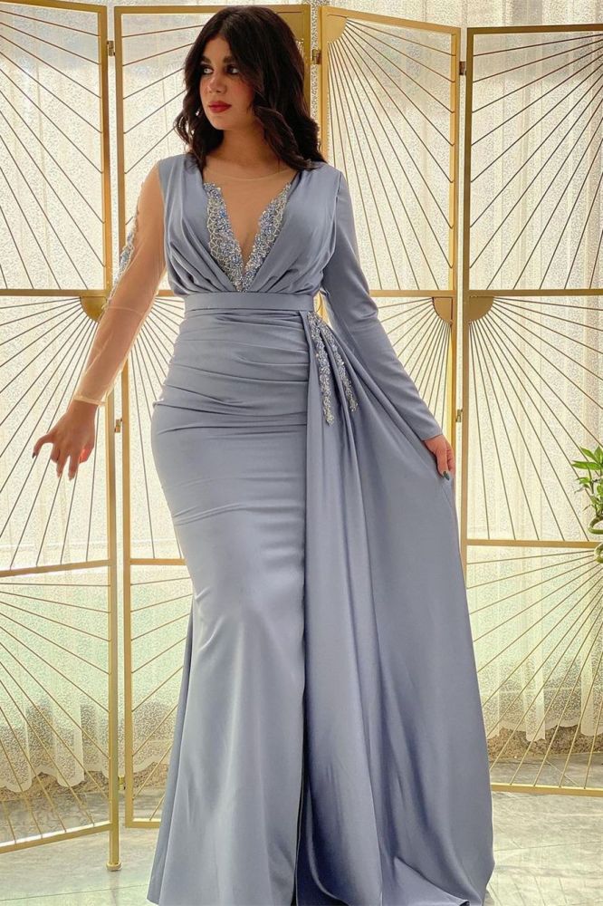 Elegant V-neck Silver Mermaid Long Evening Dresses
