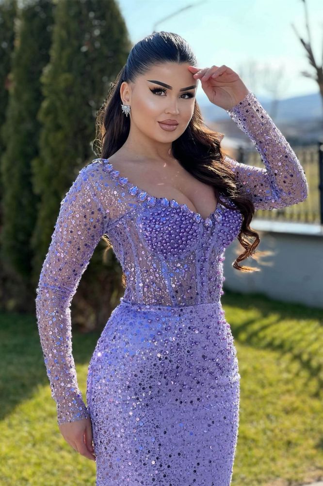 Lilac Long sleeves Mermaid Train Sweetheart Prom Dresses