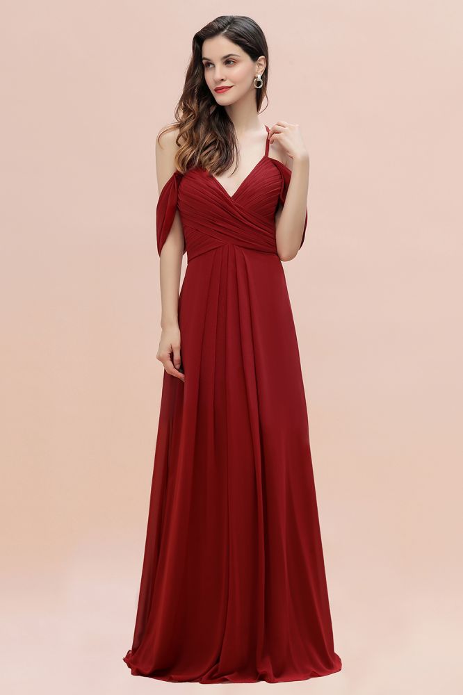 Elegant V-Neck Pleated Chiffon Bridesmaid Dress with Straps Cross Back Wedding Guest Dress