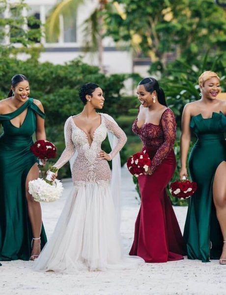 Unique Off-the-shoulder Strapless Emerald Green Elastic Satin Long Bridesmaid Dress