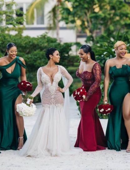 Unique Off-the-shoulder Strapless Emerald Green Elastic Satin Long Bridesmaid Dress