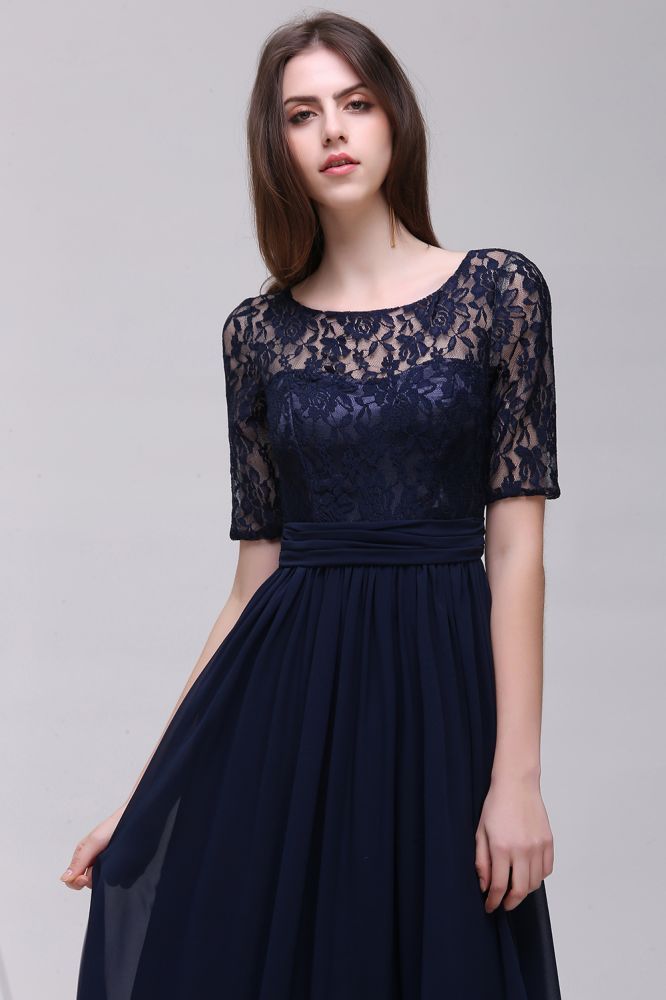 Custom Made A-line Chiffon Lace Scoop Half-Sleeve Floor-Length Bridesmaid Dress with Round back