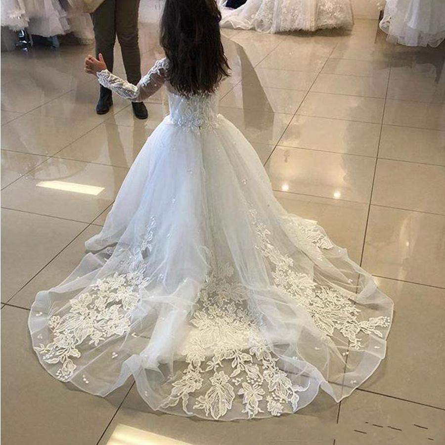 White Tulle Flower Girl Dress Long Sleeves Lace Appliques Little Girl Dress