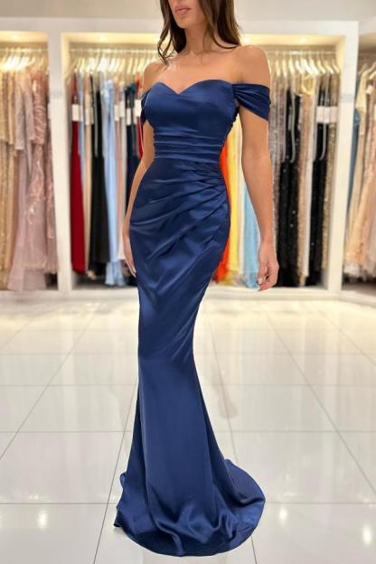 Navy blue prom dress off the shoulder mermaid lace evening dress