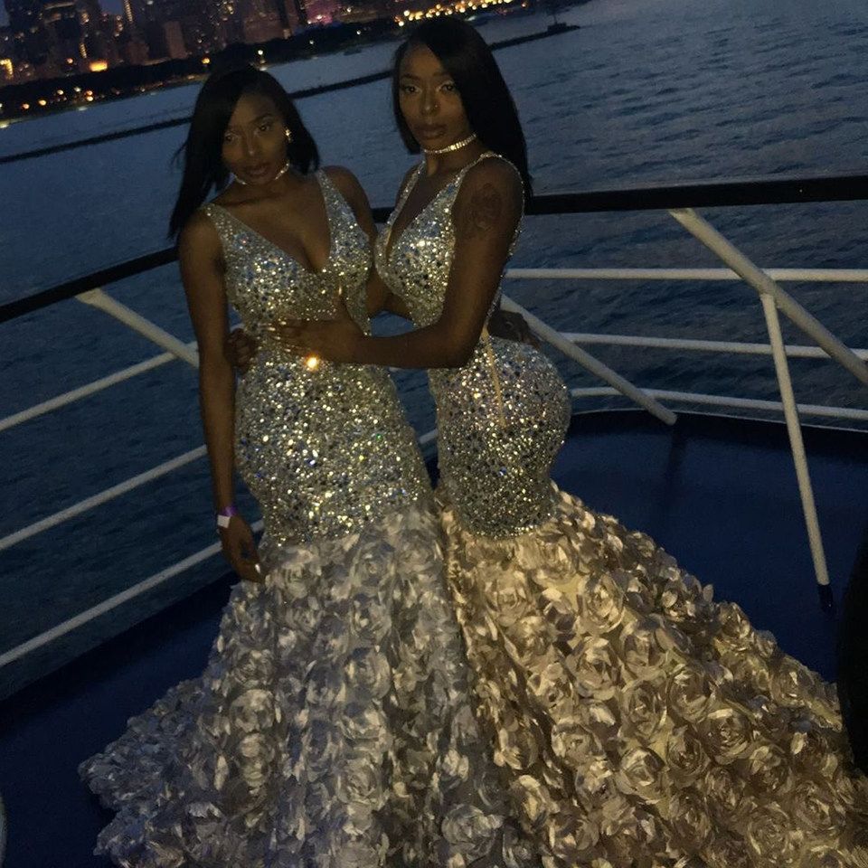 Luxury Sparkle V-neck Sleeveless Sequin Prom Dress with Puffy Flowers Skirt