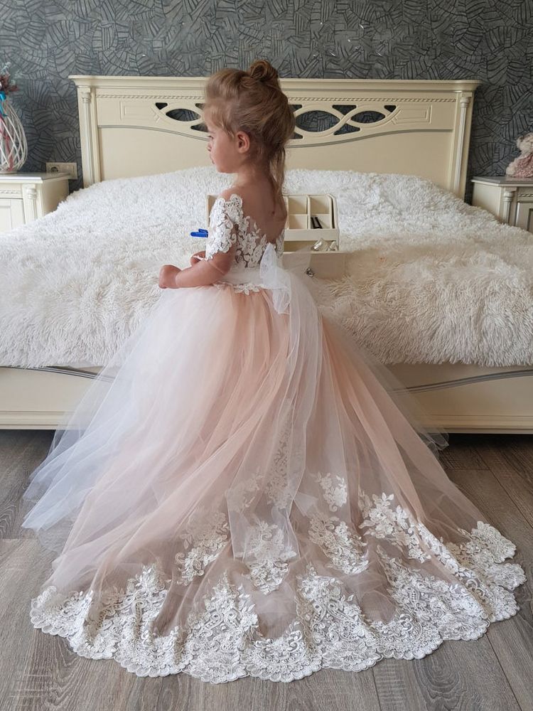 Short Sleeves Princess Flower Girl Dresses Floral Lace Appliques Blushing Pink Formal Dress for Girl