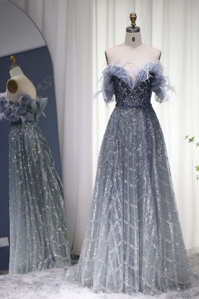 Gorgeous Off-the-Shoulder Feathers Sequins Aline Evening Dress with Beading Party Gowns for Women