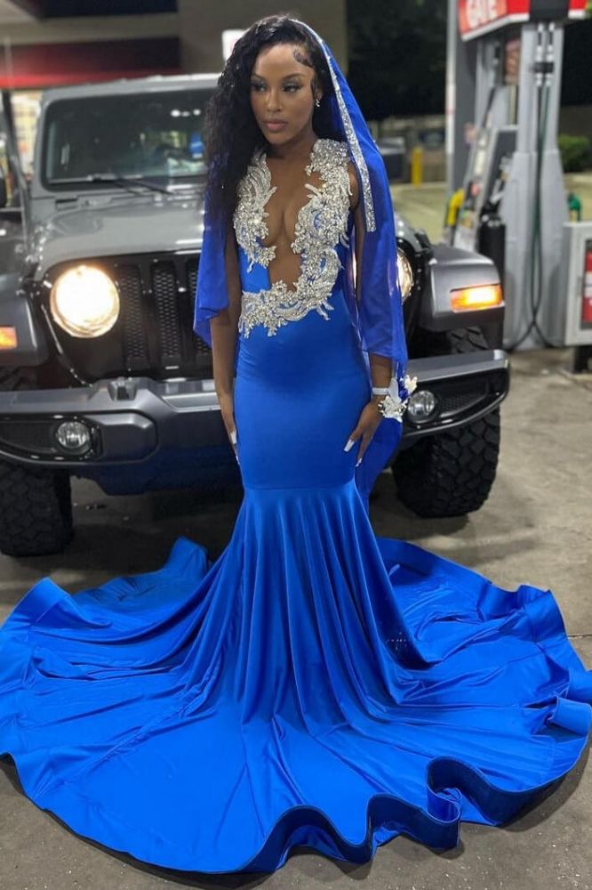 Royal Blue Silver Appliques Mermaid Prom Dresses
